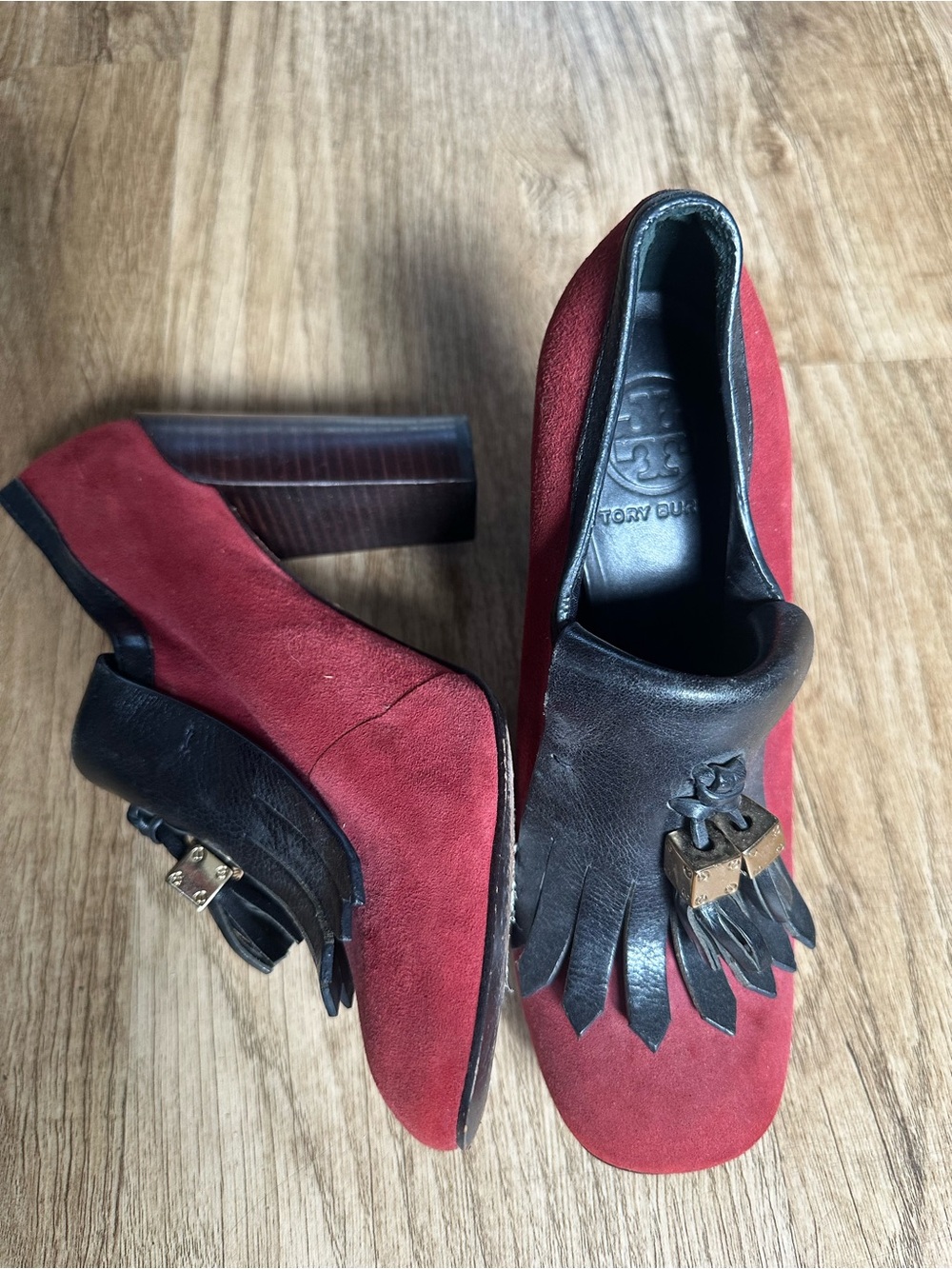 Tory Burch Red Suede Loafers with Black Leather Fringe and Gold Hardware